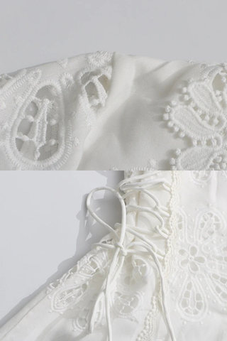 Lace Long Sleeve Mini Dress – V-Neck with Floral Detail & Adjustable Side Fit