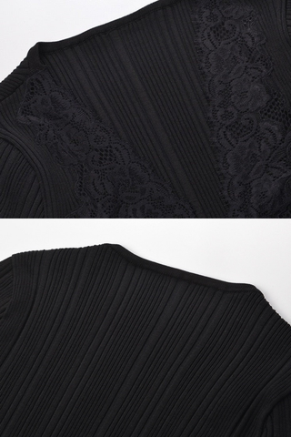 Ribbed Long Sleeve Top with Lace V-Neck – Stretch Knit