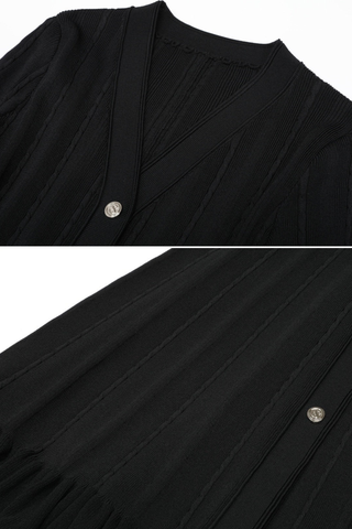 Cable-Knit Button-Front Long Dress with V-Neck and Flared Hem