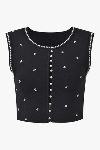 Pearl Accent Knit Two-Piece Set – Sleeveless Crop Top & Mini Skirt