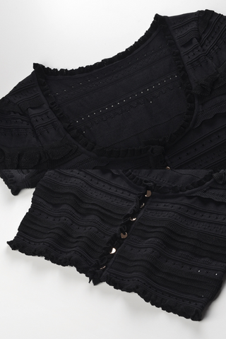 Black Textured Knit Ruffle Crop Top & High-Waist Wide-Leg Pants Set