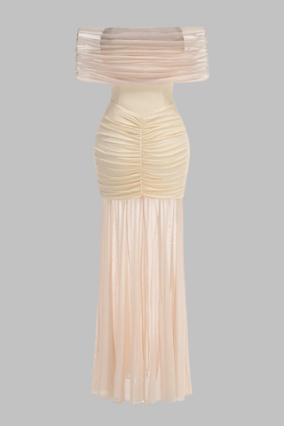 Cream Off-Shoulder Mesh Long Dress with Adjustable Sheer Overlay