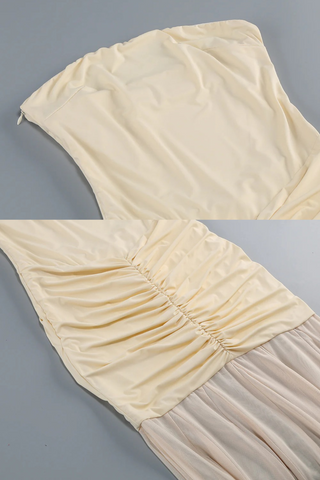 Cream Off-Shoulder Mesh Long Dress with Adjustable Sheer Overlay