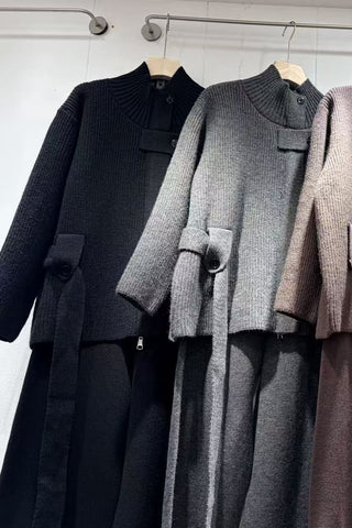 Elegant Ribbed Knit Belted Jacket & Wide Leg Pants Set