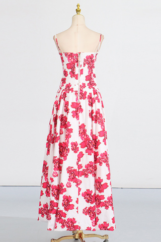Floral Strapless High Slit Long Dress with Ruched Bodice
