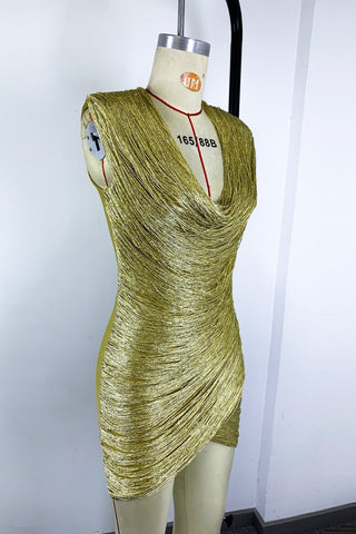 Metallic Draped Cowl Neck Sleeveless Bandage Mini Dress