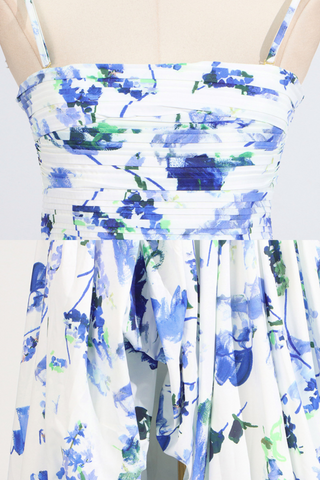 Floral Strapless High Slit Long Dress with Ruched Bodice