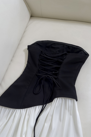 Monochrome Strapless Corset  Lace-Up Back  Long Dress