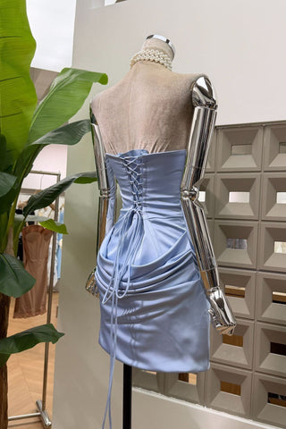 Satin Draped Off-Shoulder Sleeveless Mini Dress with Lace-Up Back