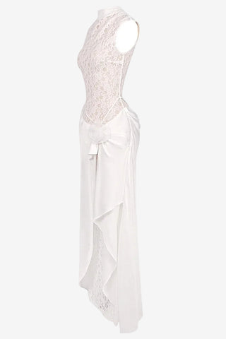 Sleeveless High Neck Lace & Draped Satin Rosette Long Dress