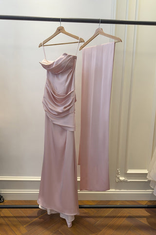 Satin Draped Corset Long Dress with Scarf – Elegant Strapless Design