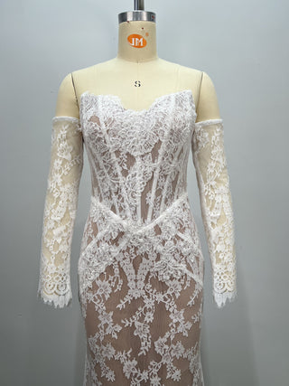 Floral Lace Corset Off-Shoulder Long Dress with Sheer Lace Sleeves