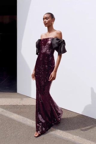 Sequin Bow Off-Shoulder Long Dress – Fitted Evening Gown