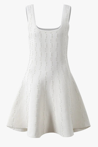 Pearl-Embellished Sculpted Knit Mini Dress with Flared Fit