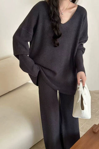 Comfy Relaxed V-Neck Knit Top & Wide-Leg Pants Set