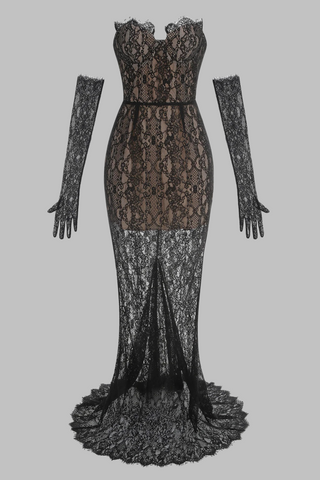 Elegant Black Lace Strapless Corset Long Dress with Sheer Fishtail Skirt and Matching Opera Gloves
