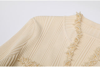 Ribbed Knit Long Dress with Pearl Trim Details & Long Sleeves