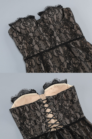 Elegant Black Lace Strapless Corset Long Dress with Sheer Fishtail Skirt and Matching Opera Gloves