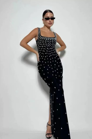 Luxury Rhinestone U-Neck Sleeveless Bandage  Elegant Bodycon Fit Long Dress
