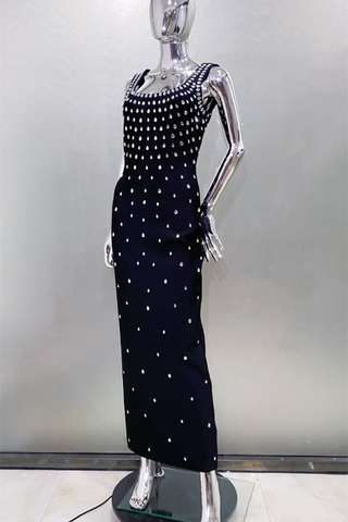 Luxury Rhinestone U-Neck Sleeveless Bandage  Elegant Bodycon Fit Long Dress