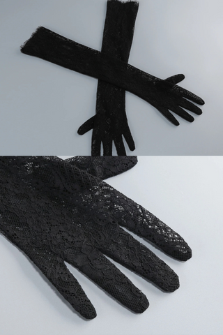 Elegant Black Lace Strapless Corset Long Dress with Sheer Fishtail Skirt and Matching Opera Gloves