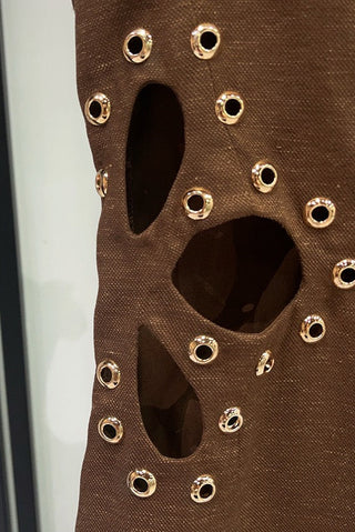 Statement Cut-Out Linen Blend Long Dress with Metal Eyelet Details