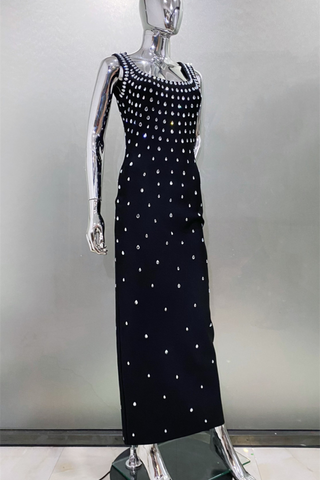 Luxury Rhinestone U-Neck Sleeveless Bandage  Elegant Bodycon Fit Long Dress