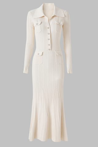 Pearl Button Elegant Long Sleeve Ribbed Knit Long Dress