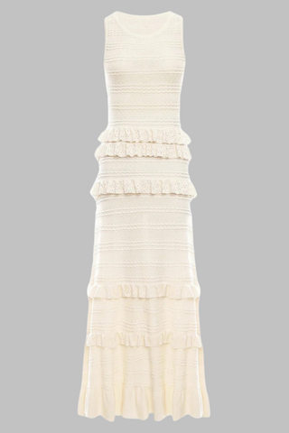 Ivory Sleeveless Knit Long Dress with Ruffle Tiers
