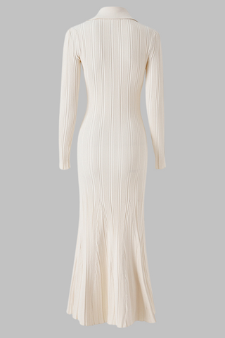 Pearl Button Elegant Long Sleeve Ribbed Knit Long Dress