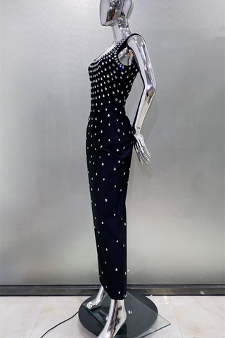 Luxury Rhinestone U-Neck Sleeveless Bandage  Elegant Bodycon Fit Long Dress