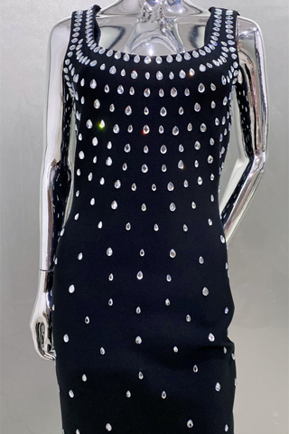 Luxury Rhinestone U-Neck Sleeveless Bandage  Elegant Bodycon Fit Long Dress