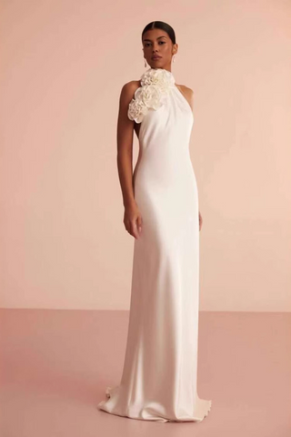 Ivory Bloom Halter Backless Long Dress