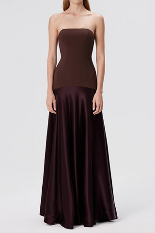 Satin Strapless Dark Brown Backless Long Dress