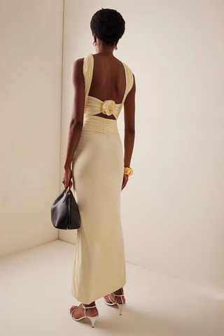 Buttercream Mesh Backless Long Dress with Ruched Flower Detail