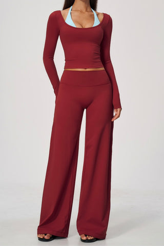 Scoop Neck Long Sleeve Top & Wide-Leg Pants Set