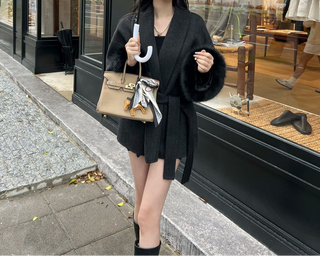 Double-Faced Wool Coat with Fur Cuffs - Mid-Length, Belted Wrap Coat