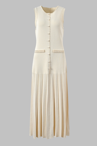 Pearl Trim Pleated Knit Midi Dress & Sleeveless Button-Front Design