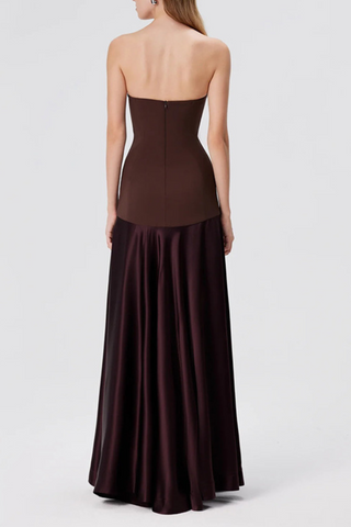 Satin Strapless Dark Brown Backless Long Dress