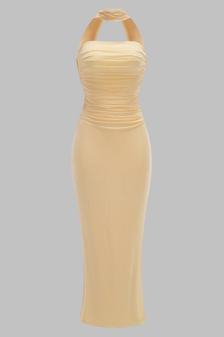Buttercream Mesh Backless Long Dress with Ruched Flower Detail