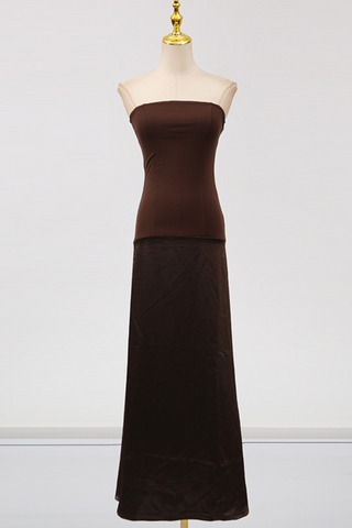Satin Strapless Dark Brown Backless Long Dress