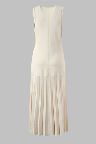 Pearl Trim Pleated Knit Midi Dress & Sleeveless Button-Front Design