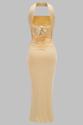 Buttercream Mesh Backless Long Dress with Ruched Flower Detail