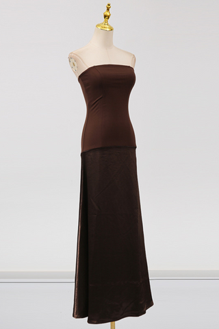 Satin Strapless Dark Brown Backless Long Dress