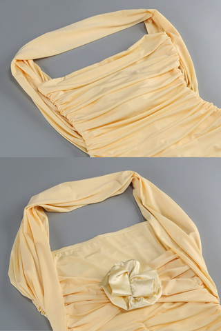 Buttercream Mesh Backless Long Dress with Ruched Flower Detail