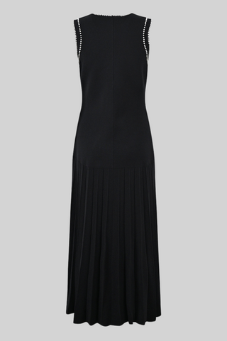 Pearl Trim Pleated Knit Midi Dress & Sleeveless Button-Front Design