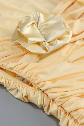 Buttercream Mesh Backless Long Dress with Ruched Flower Detail