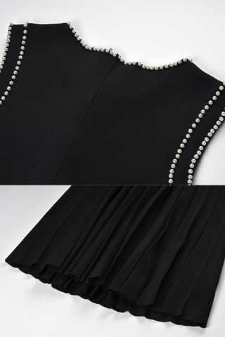 Pearl Trim Pleated Knit Midi Dress & Sleeveless Button-Front Design