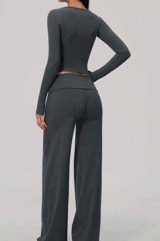 Scoop Neck Long Sleeve Top & Foldover Wide-Leg Pants Set