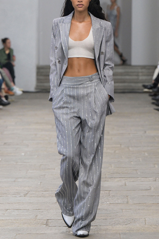 Crystal Pinstripe Diamond Trimmed Blazer & Wide-Leg Trousers Set